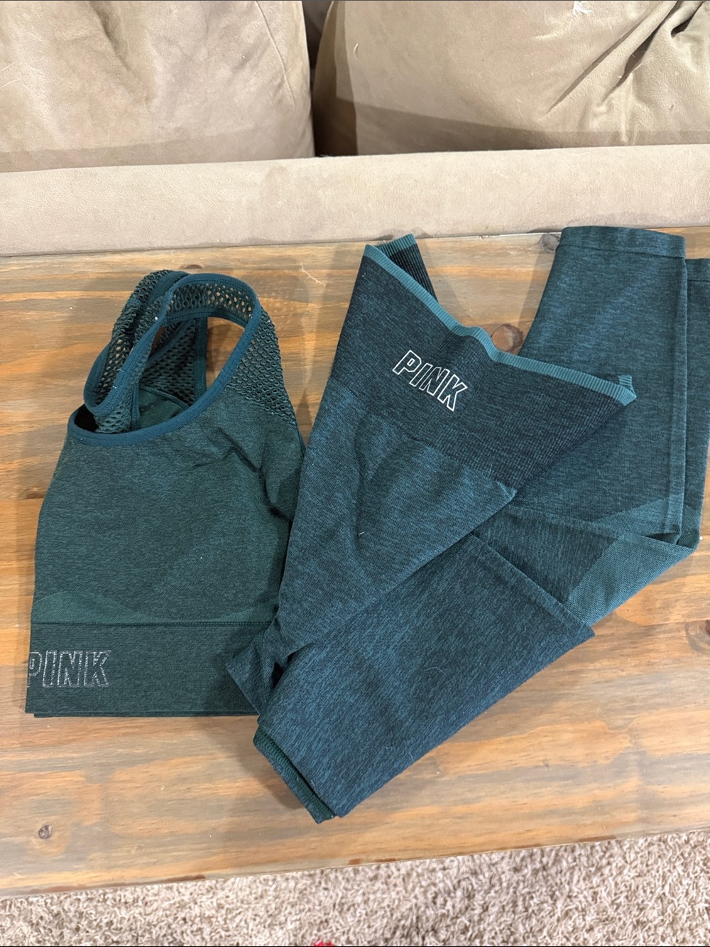 PINK Victoria's Secret Teal Green Seamless Leggings & Sports Bra Set